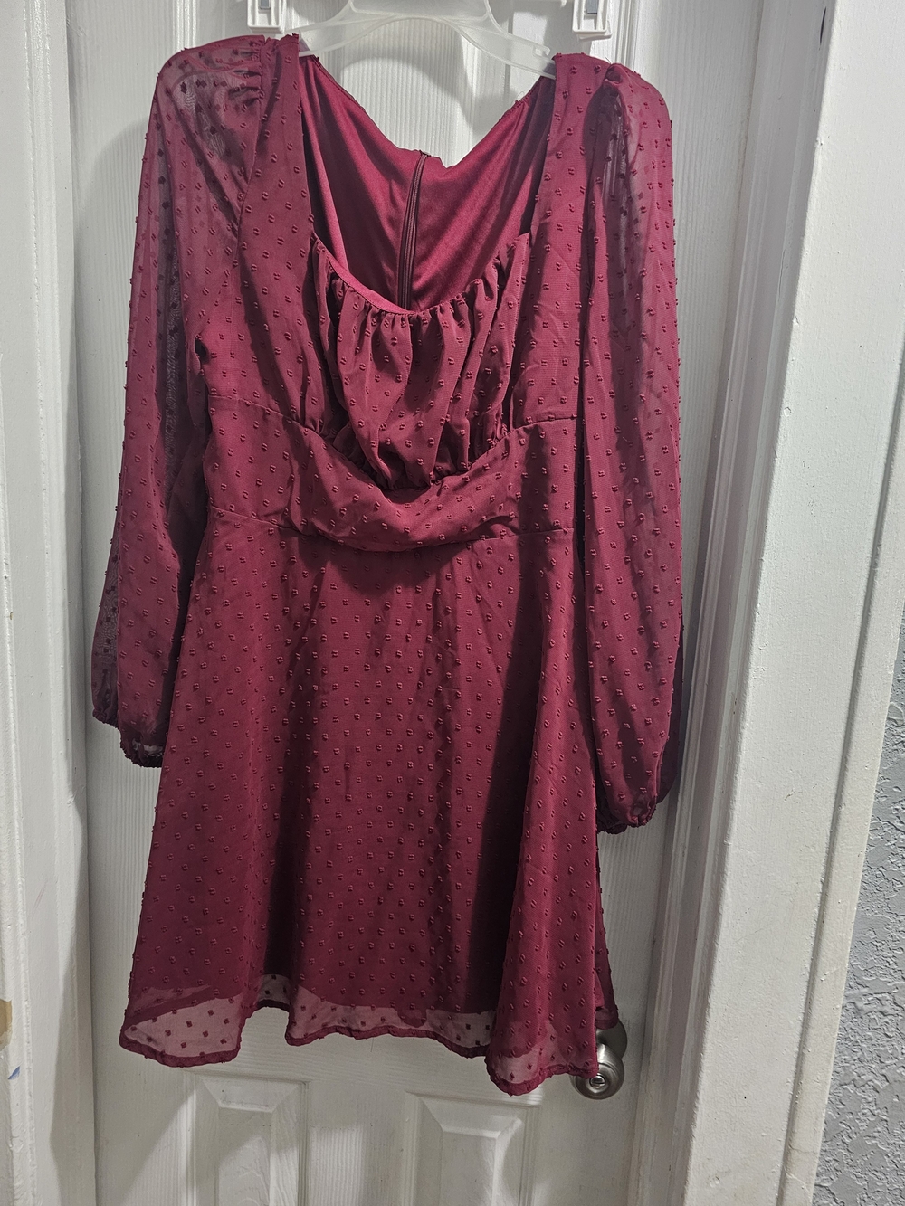 Women's Burgundy Long-Sleeve Swiss Dot Party Dress